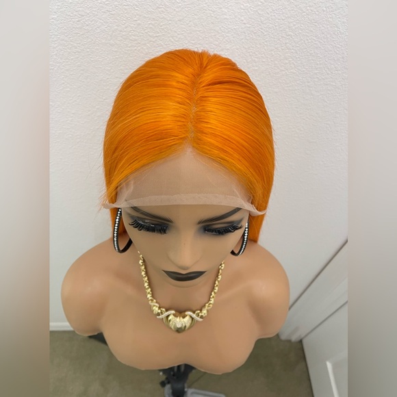 24” Orange Straight Human Hair, Transparent Lace Front Wig - Picture 4 of 12